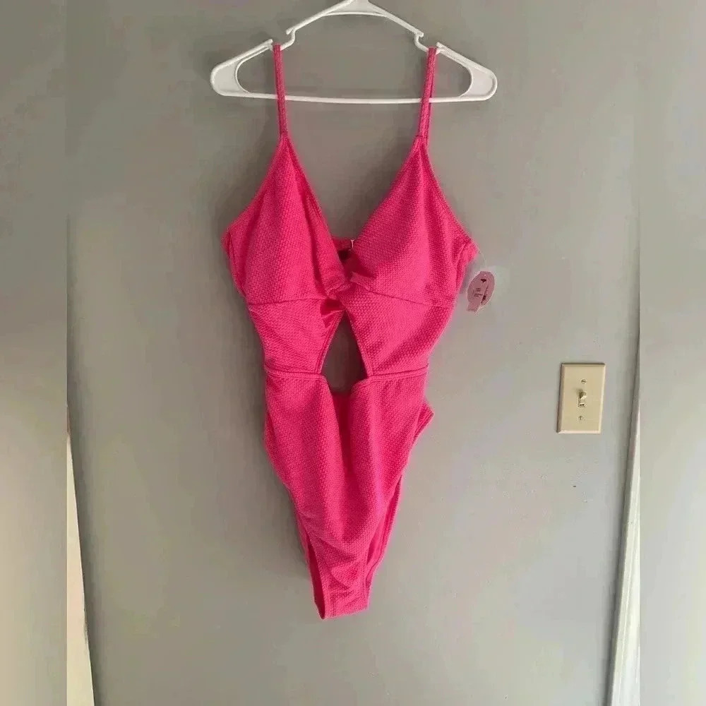 Woman’s Decree Pink Adjustable Cheeky Peephole Texture  Plus OnePiece Swimsuit